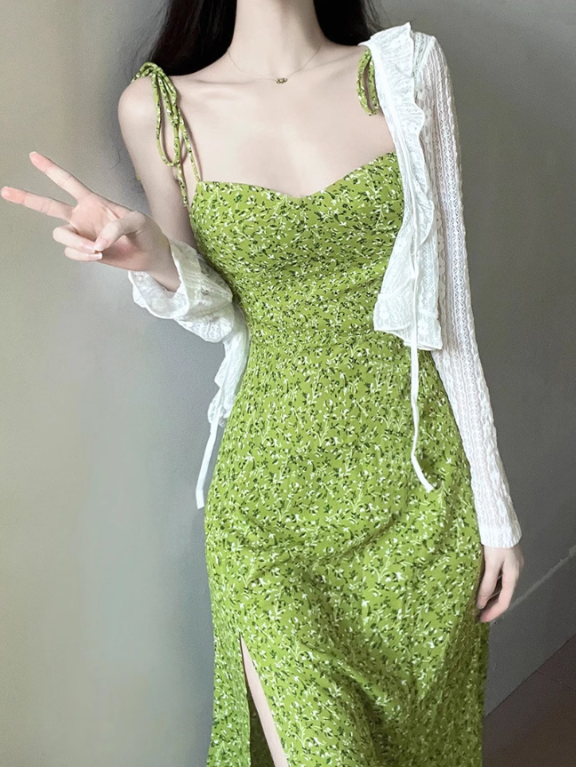 2025 Summer New Green Platycodon Floral Seaside Vacation Wear Suspender Dress R0902