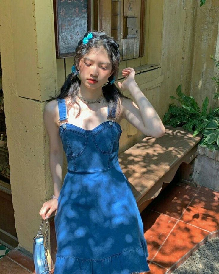 Blue denim suspenders waist A-line short skirt homecoming dress R3443