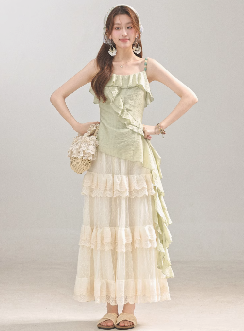 2025 summer new style temperament very good-looking green sling irregular top R1899