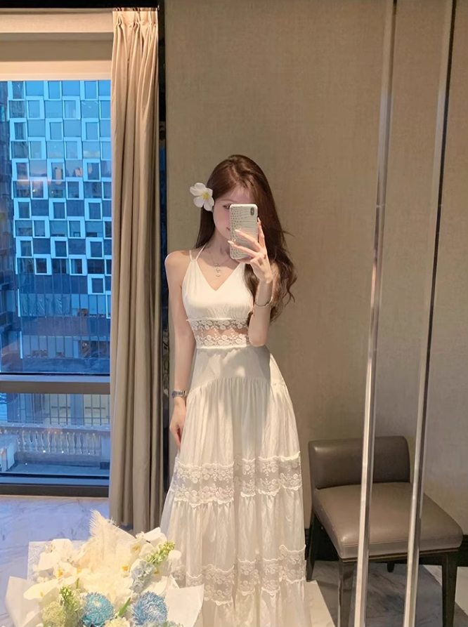 Temperament lace suspender dress waist dress long skirt R0488