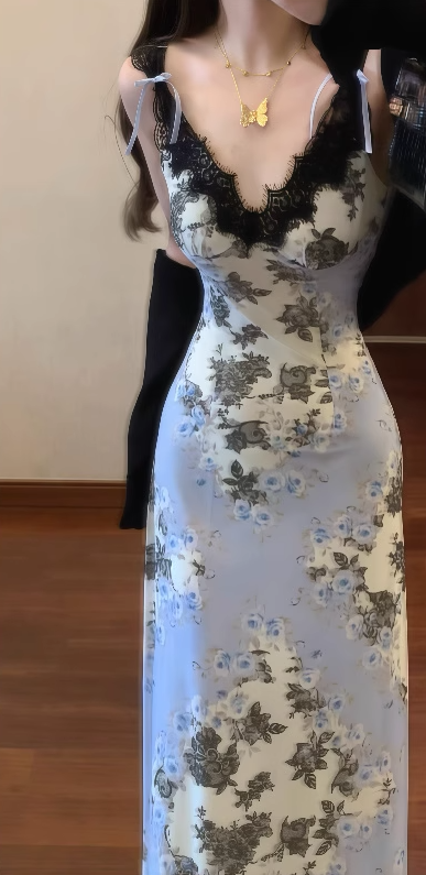 Oil painting floral suspender dress beautiful waist A-line long skirt R0606