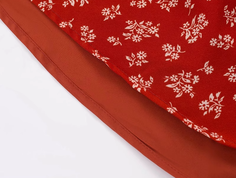 2025 Summer New Red Floral Tea Break Ruffled V-Neck French Waist Dress R0918