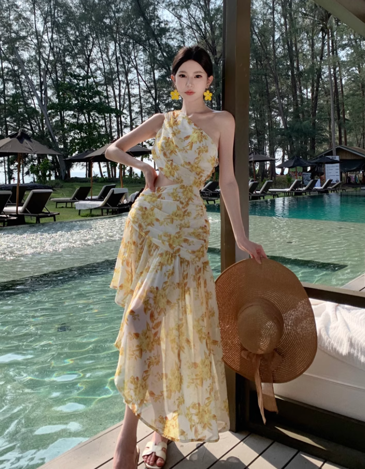 Chic and beautiful skirt atmosphere off-shoulder waist dress chiffon floral beach skirt R1622