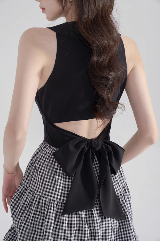 Black halter neck skirt new summer plaid waist high-end dress bow French retro skirt R4144
