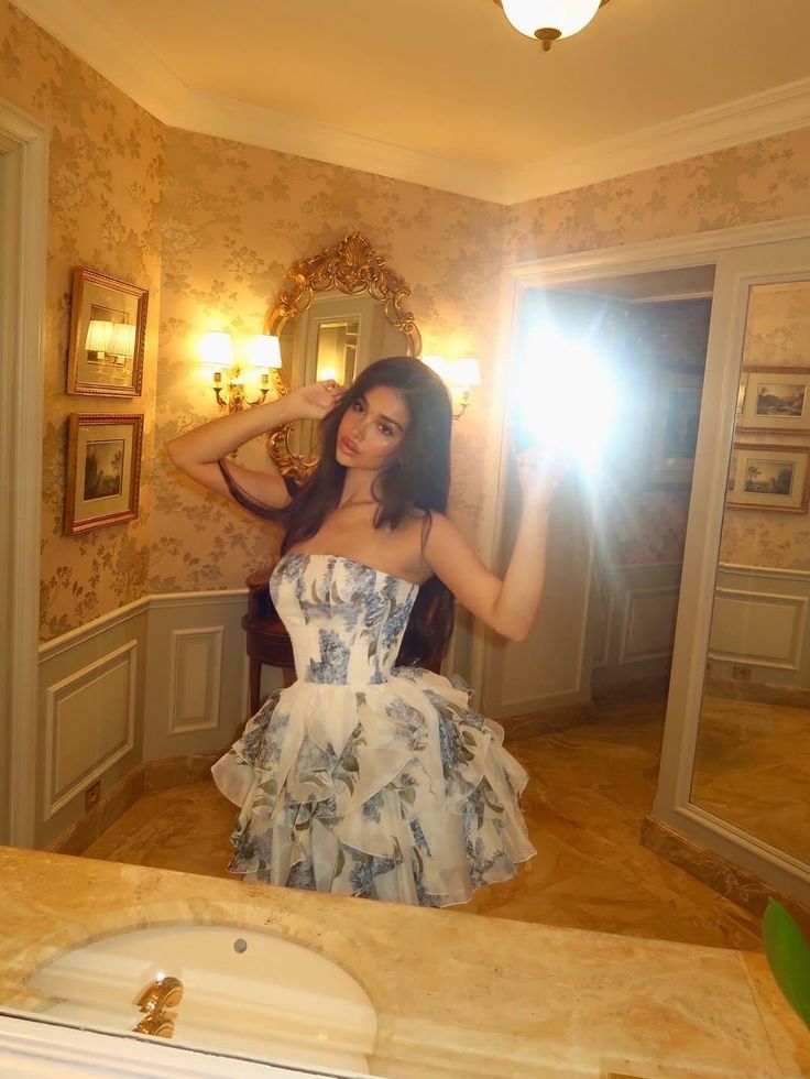 Blue chiffon floral tube top waist irregular skirt short skirt homecoming dress R3742