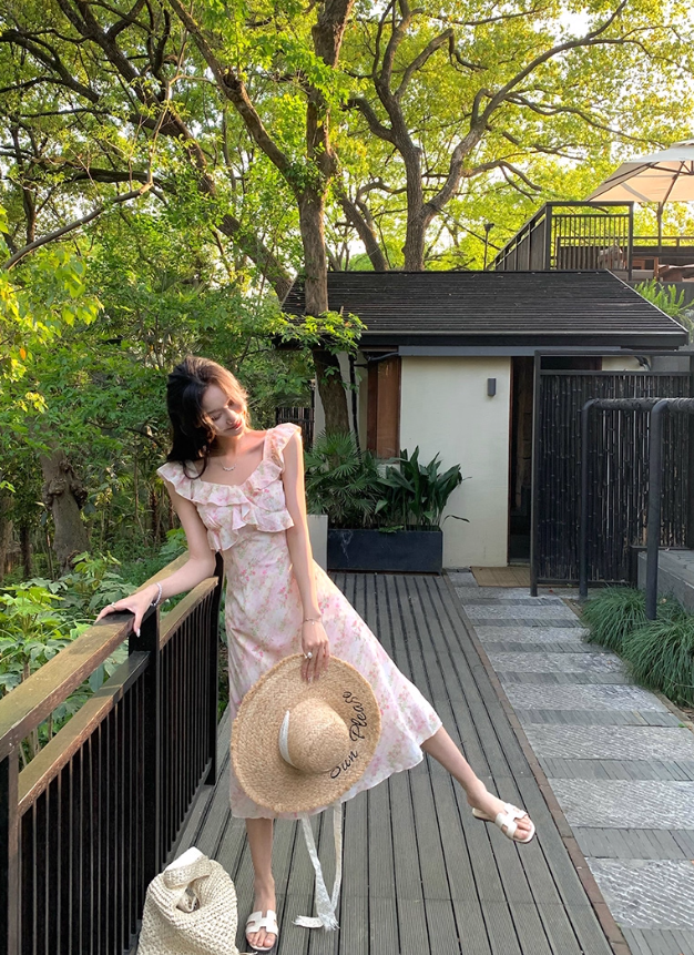 Beautiful dress temperament square neck pink printed long skirt summer new style R4414