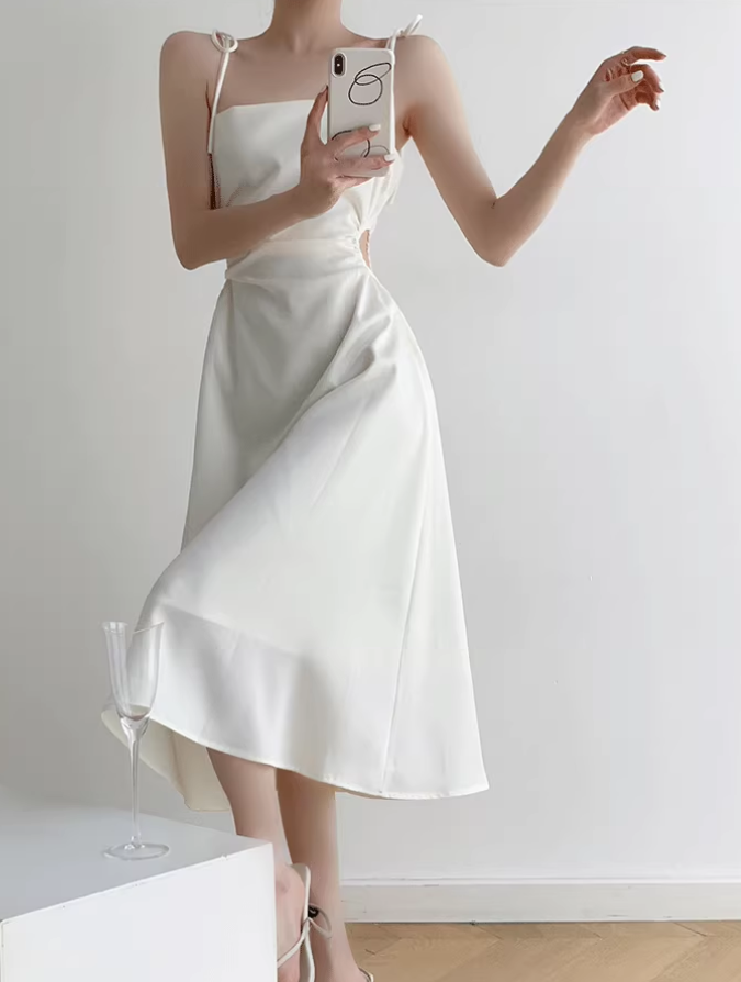 French satin suspender dress sexy slim holiday hollow wear gentle high-end skirt R1480
