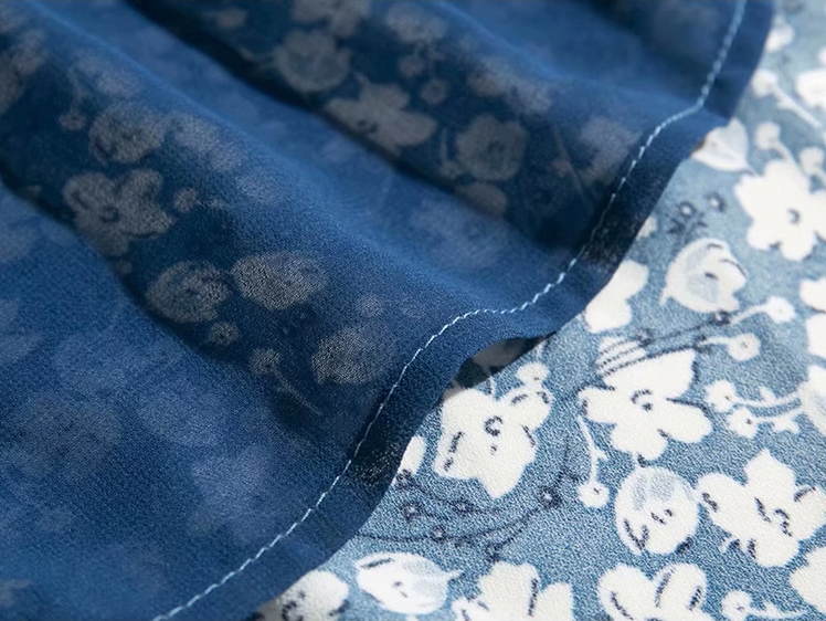 2025 Summer New French Square Neck Blue Temperament Floral Holiday Platycodon Dress R0945