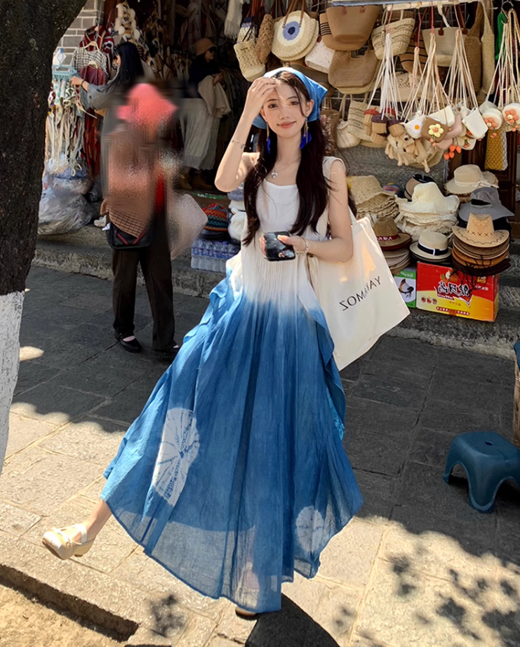 Fairy ruffle blue tie-dye color matching long skirt travel wear suspender dress R1712