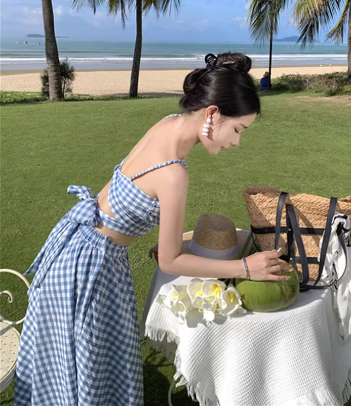 Travel wear women's beach dress backless blue and white plaid skirt a-line suit R1567