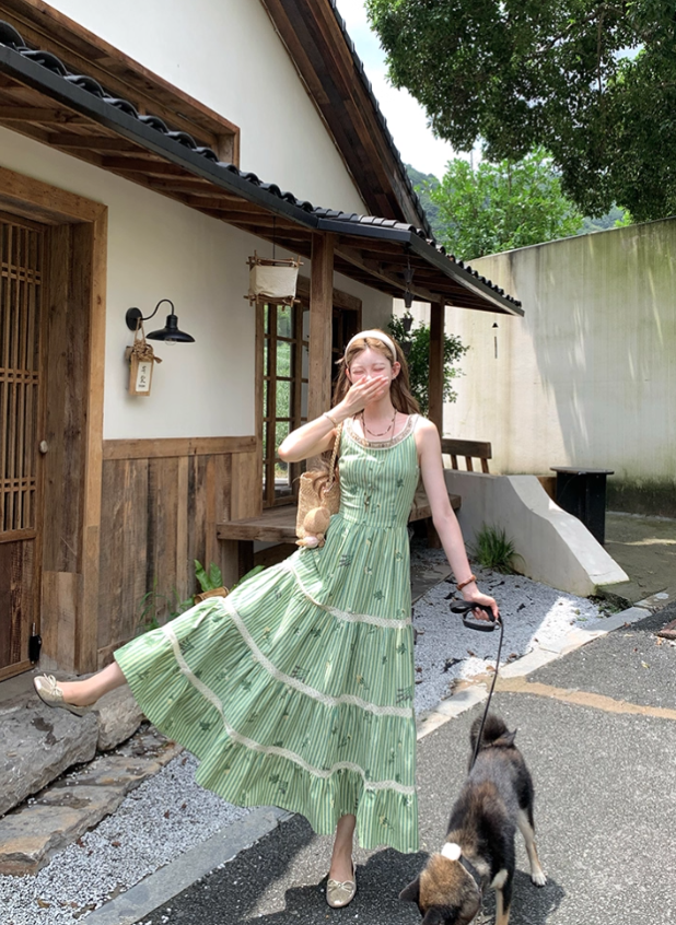 Green long round neck sleeveless suspender dress women's summer French temperament skirt R4742
