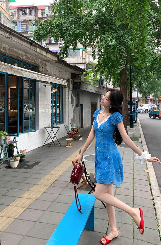 French V-neck blue floral dress women's summer retro sleeveless short skirt R4303