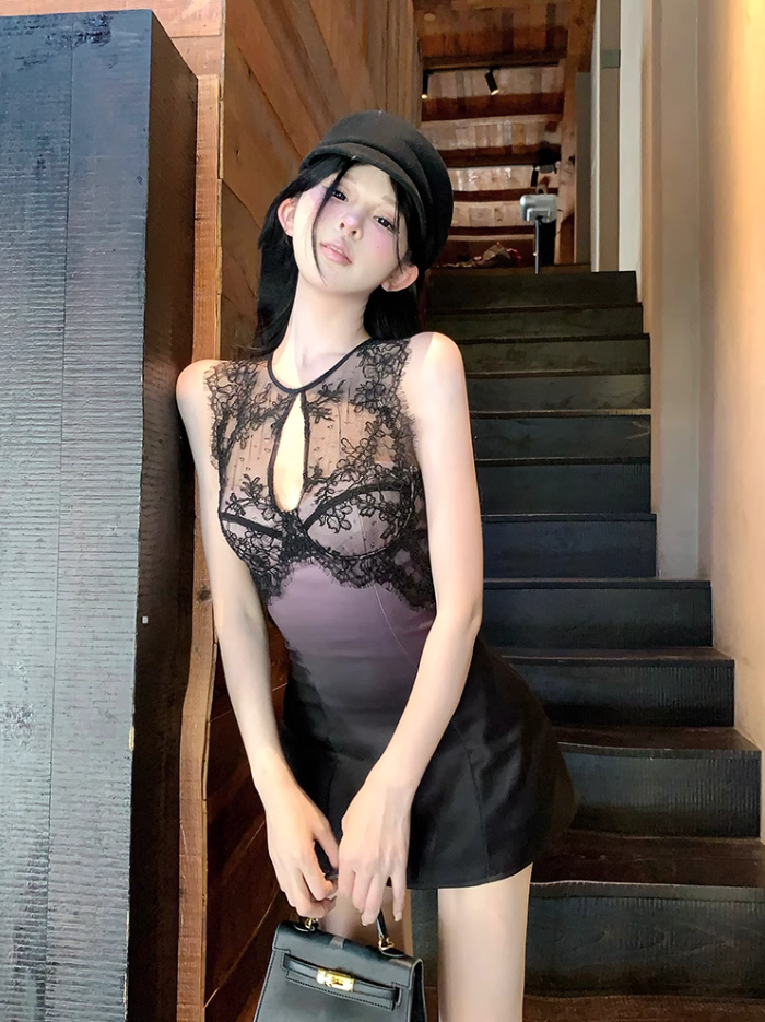 Pure desire style lace sleeveless gradient dress 2025 hot girl waist A-line short skirt R1139