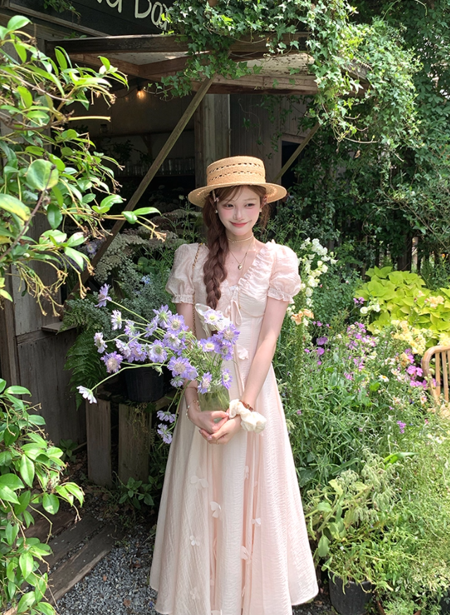 Pink long v-neck short-sleeved waist dress summer French retro temperament high-end dress R4743