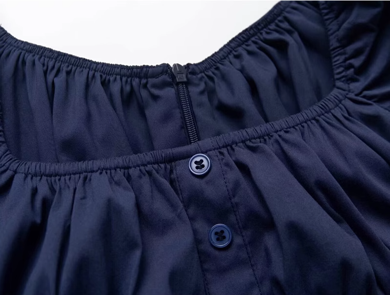 2025 Summer New Blue Square Neck Puff Sleeve Waist Slimming Short A-Line Dress R0944