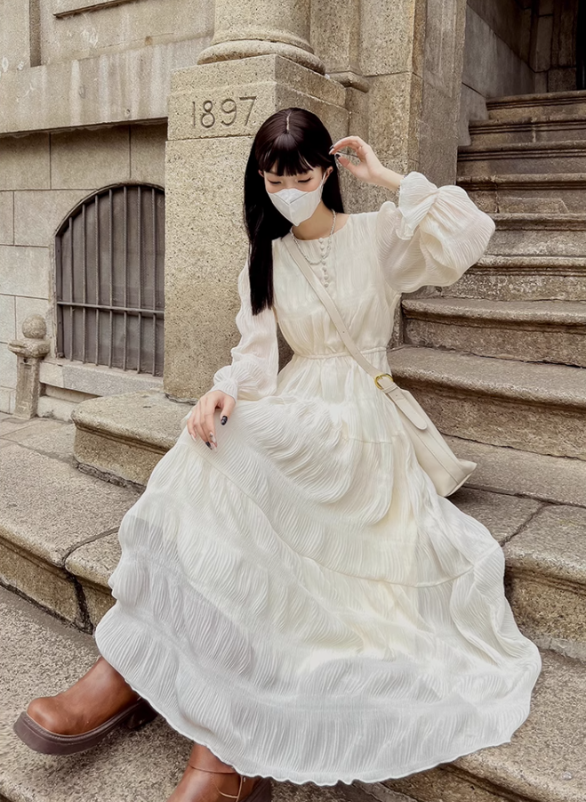 Tea break French style white beach dress waist slimming holiday long dress chiffon dress R1696