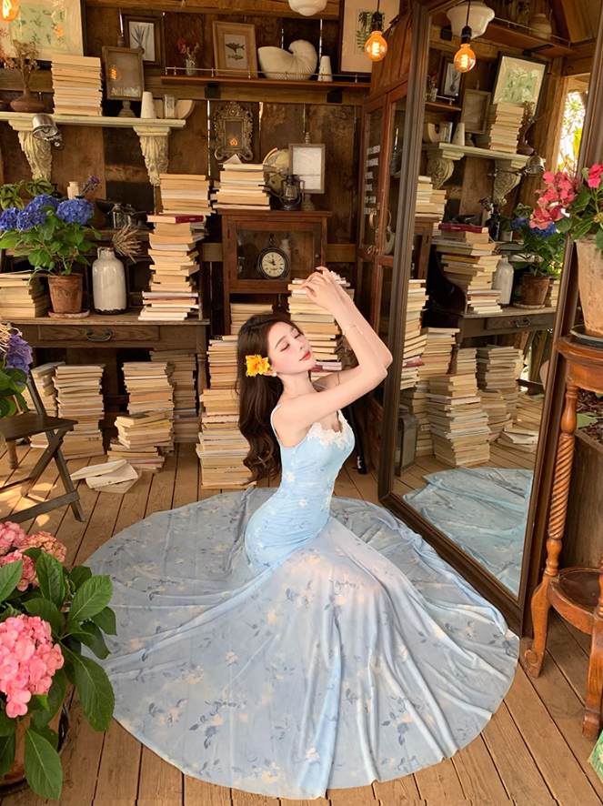 Blue floral suspender dress, elegant waist and hip fishtail skirt R0630