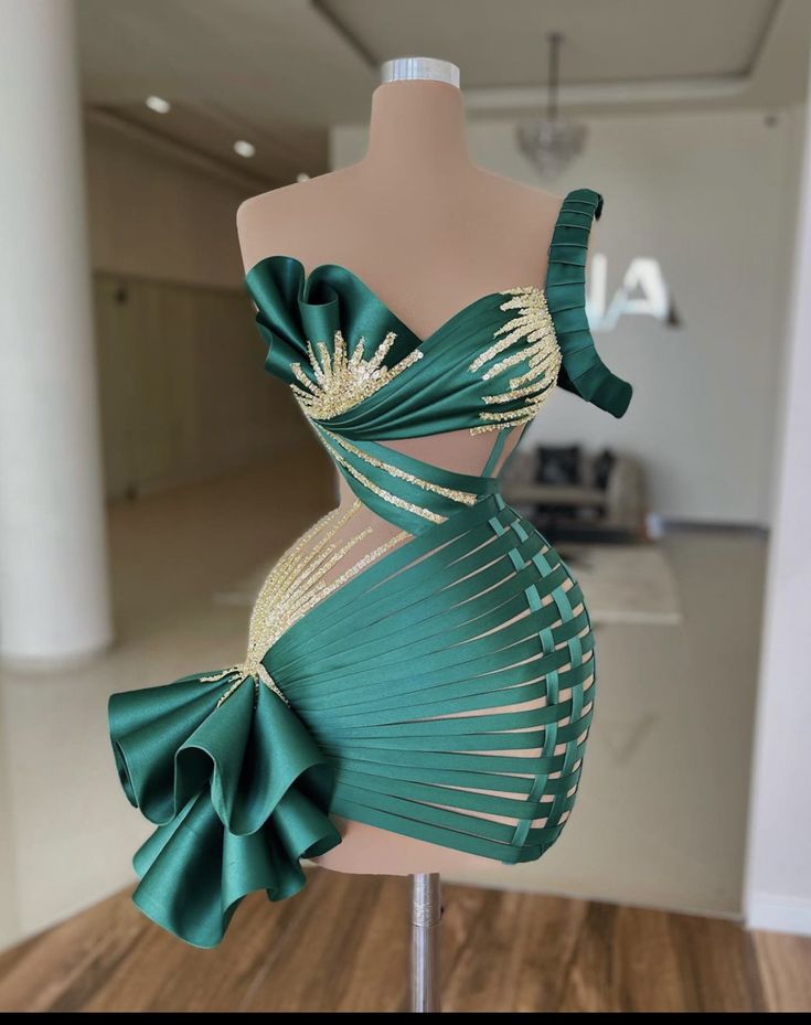 Green irregular neckline waist sexy hip skirt homecoming dress R2450