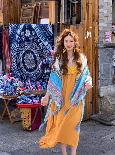 Holiday style warm yellow suspender dress sweet and fresh forest style travel wear long skirt R0225