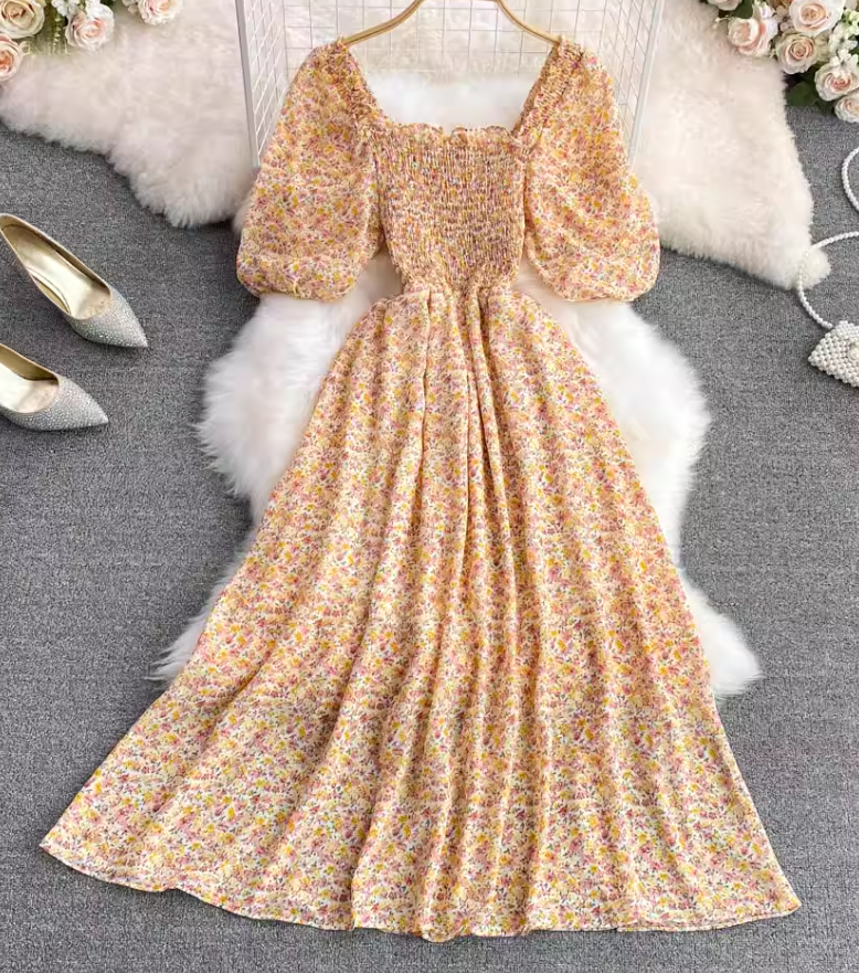 2025 new first love skirt square neck floral chiffon skirt tea break forest platycodon skirt a-line dress R0339