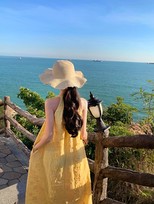 Beach dress yellow jacquard halter neck dress lazy style temperament long dress R0759