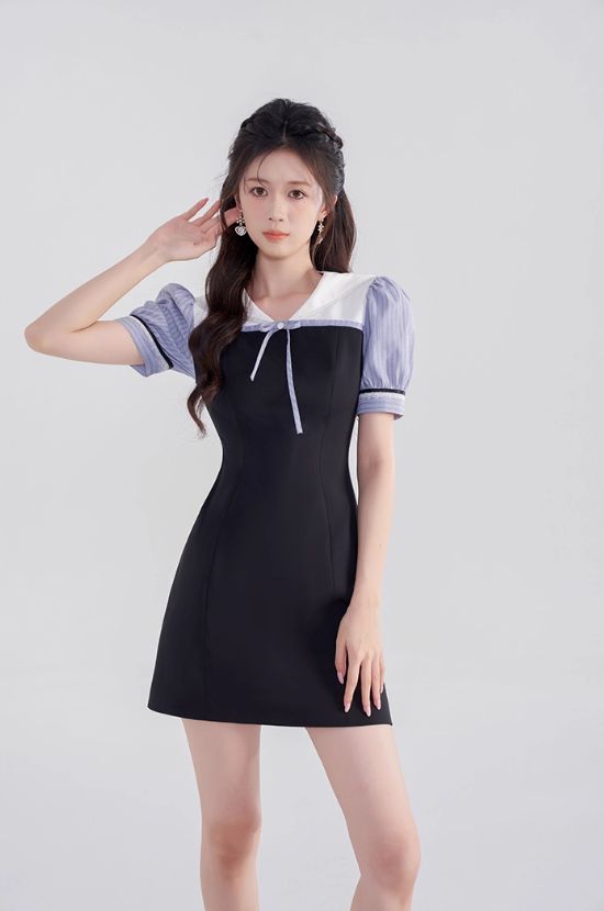 College style black dress women's summer puff sleeve short skirt new high waist splicing skirt R4461