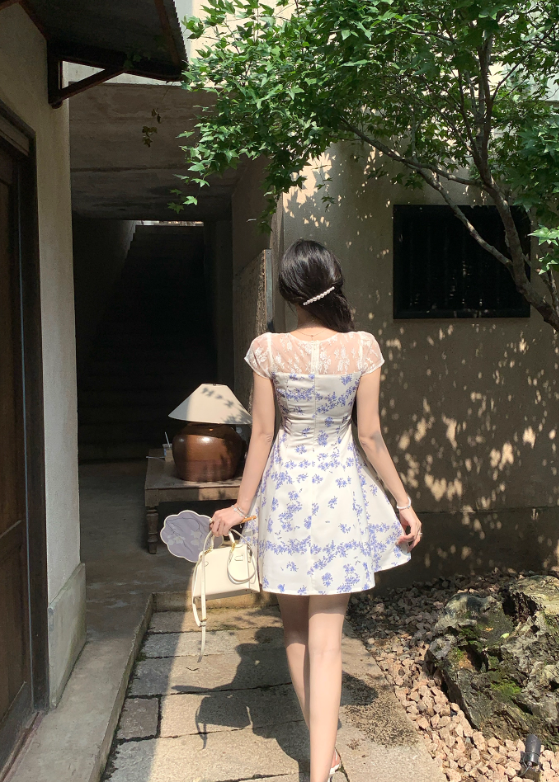 French Tulle Lace Splicing V-Neck Dress Women's Blue Floral A-Line Miniskirt R4418