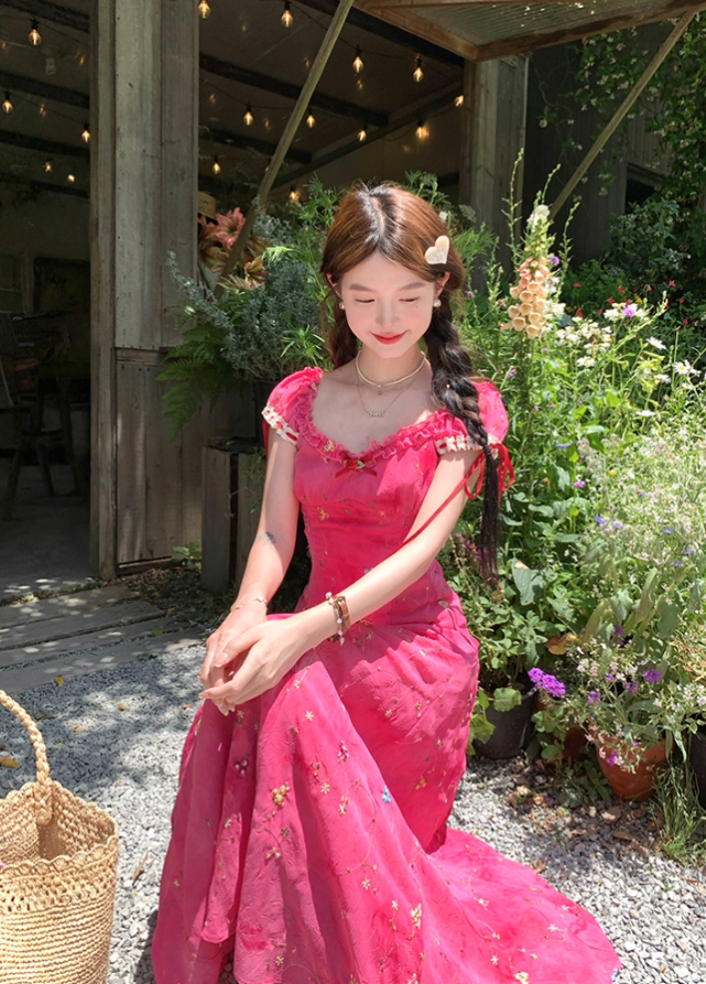Rose Red Embroidered Square Neck Puff Sleeve Waist Suspender Dress Summer French Style Dress R4657