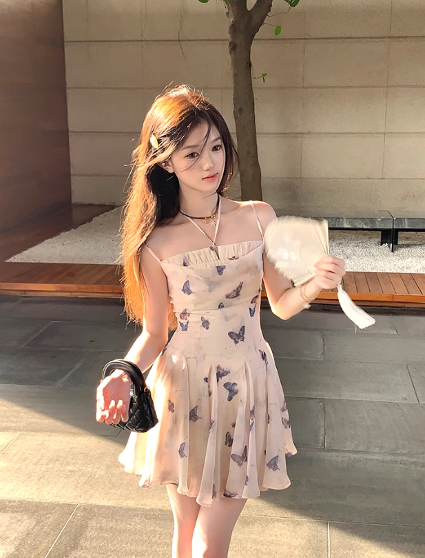 Butterfly print neckline waist A-line suspender dress summer French temperament slim skirt R5027