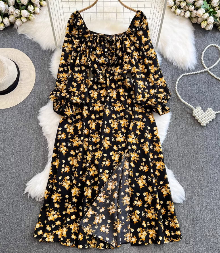 Gentle style long sleeves square neck waist slimming slit A-line print dress elegant long skirt R0355