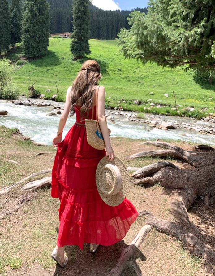 Red long v-neck off-shoulder waist halter dress summer French temperament sexy skirt R4579