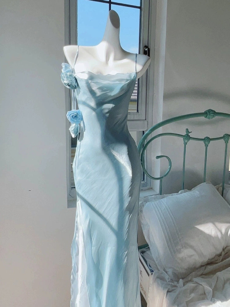 French style super fairy blue suspender dress women vintage princess long dress S5743