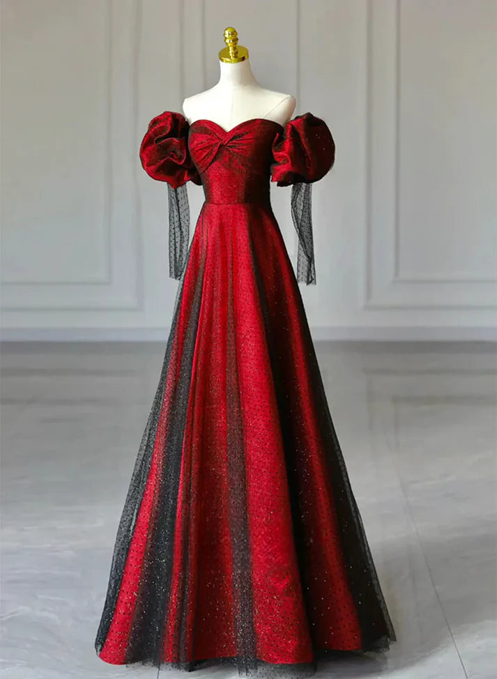 Black and Red Off Shoulder Sweetheart Party Dress, A-line Long Evening Dress S6563