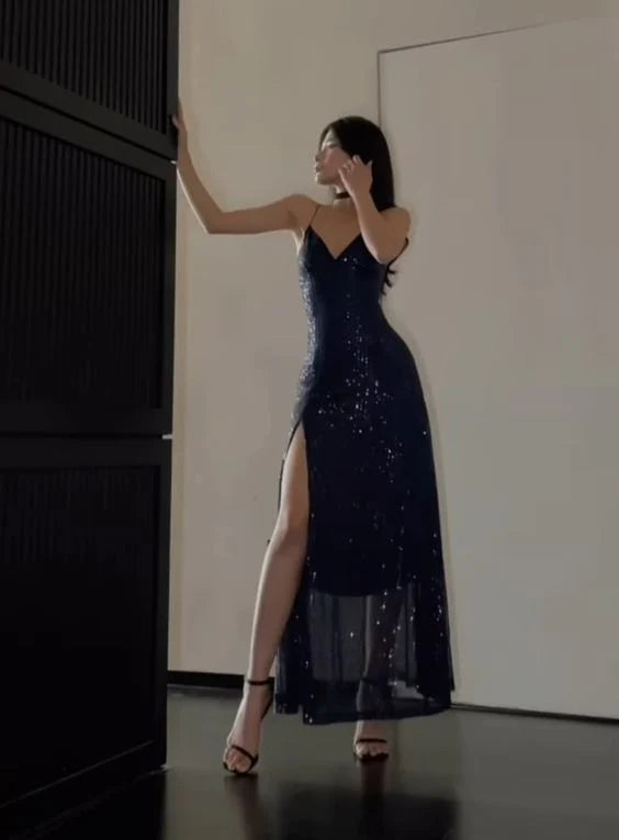 Spaghetti Straps Navy Blue Sequin Prom Dress Slit Evening Dress S6462
