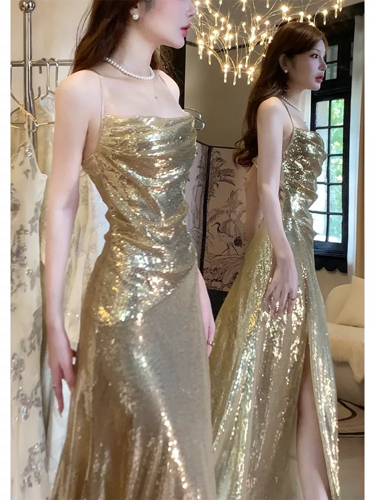Gold halter neck sequins luxury dress mermaid evening dress S6048