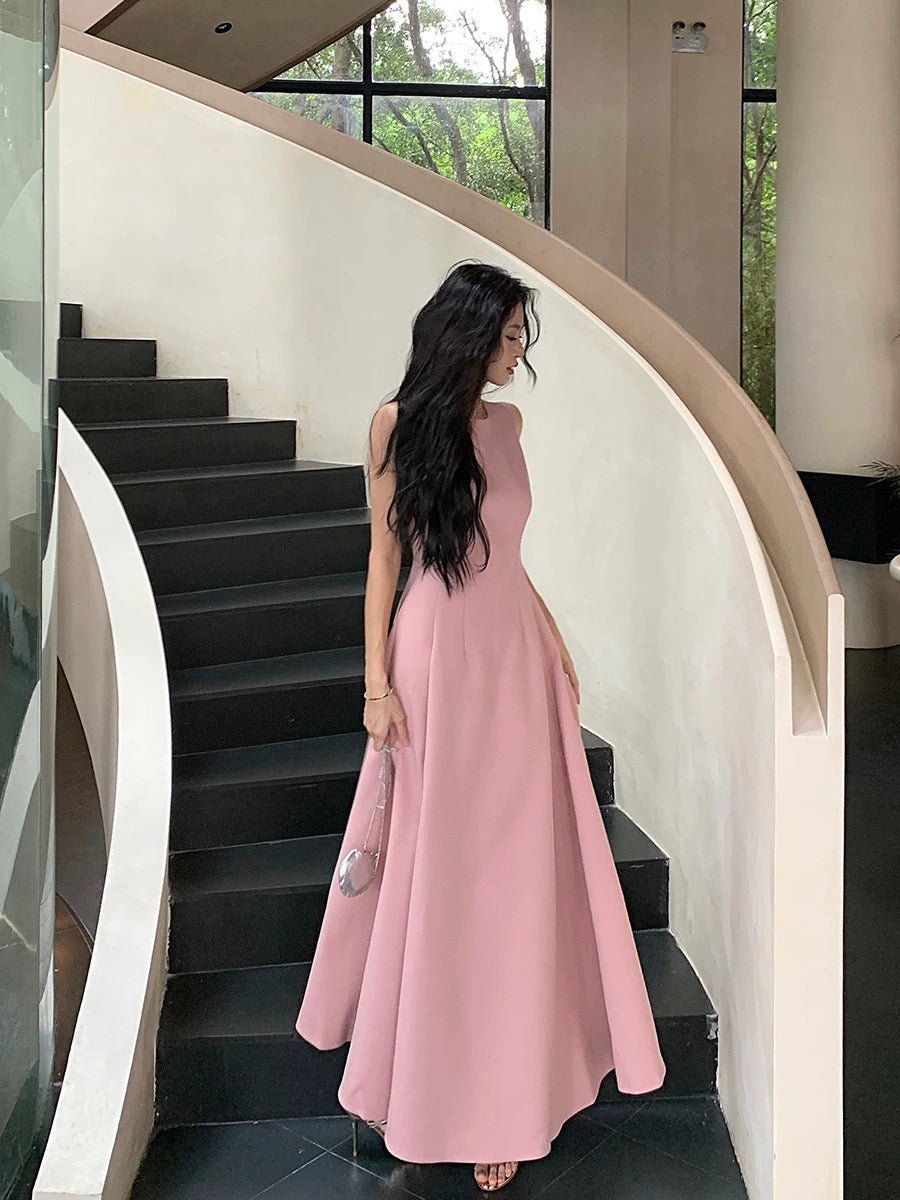 White dress for women summer round neck sleeveless A-line long party dress S5917