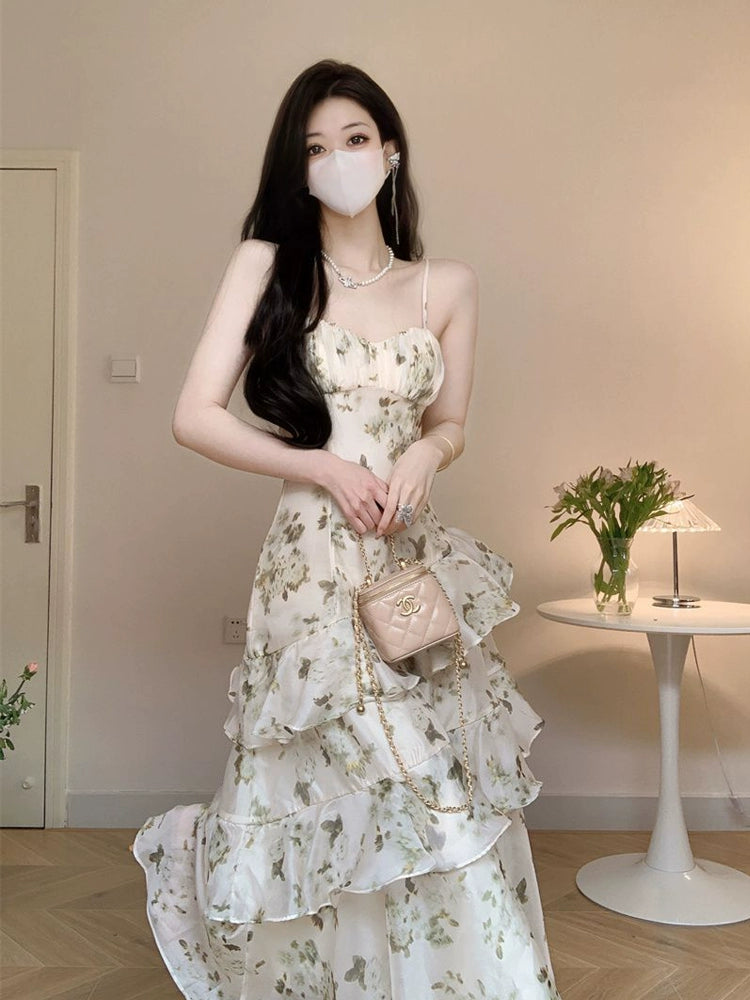 Ruffled floral suspender dress for women summer new long party dress S5811