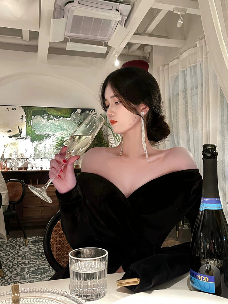 Black evening gown luxury off-shoulder velvet dress S5819