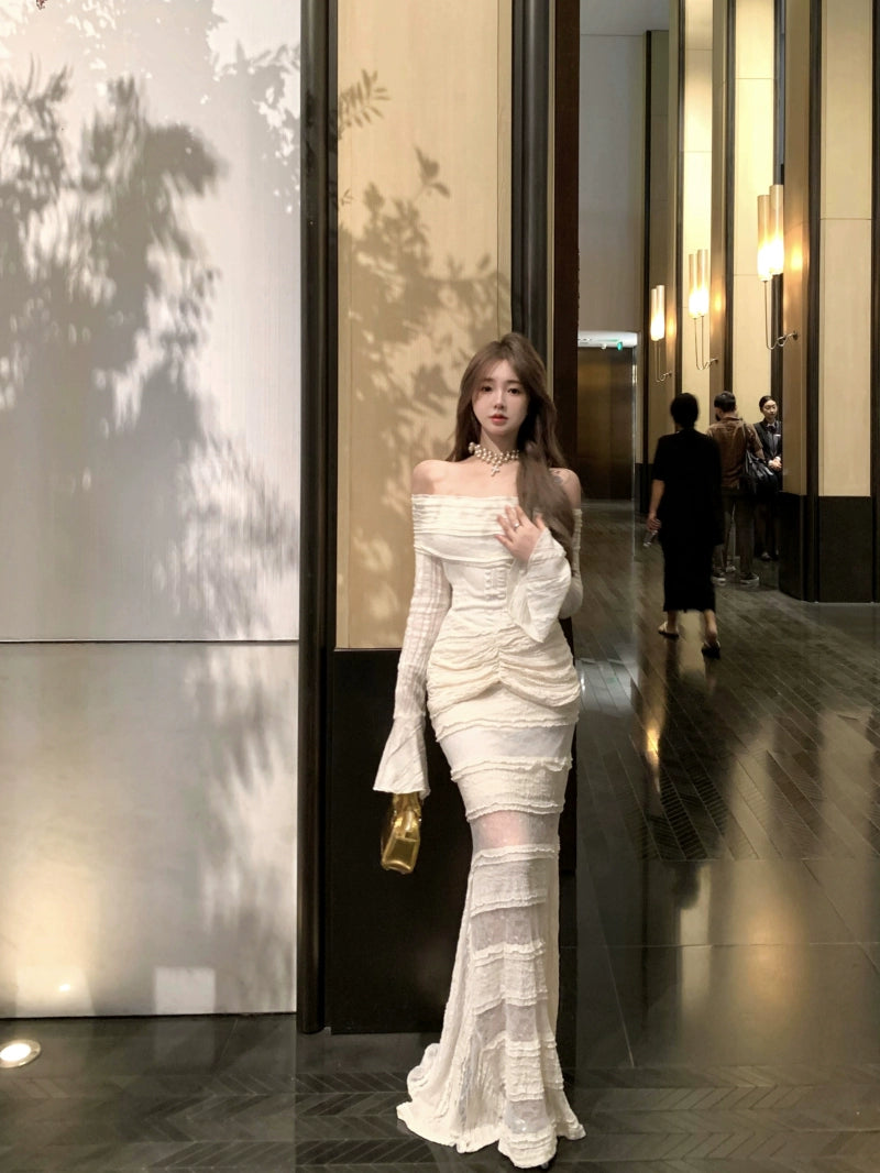 Off-shoulder white mermaid long sleeve dress lace splicing long party dress S5906