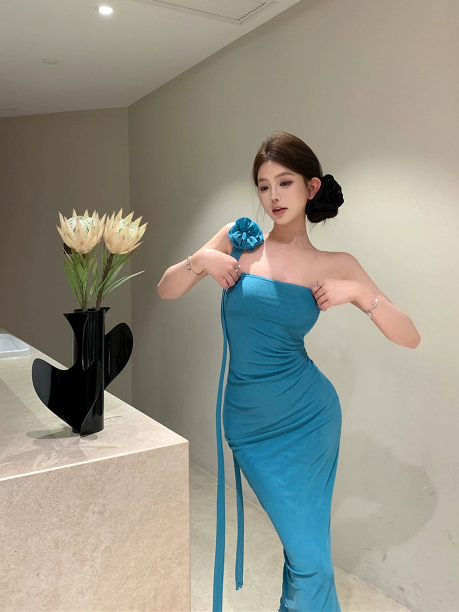 Sexy strapless dress for women summer tight pleated long party dress S5913