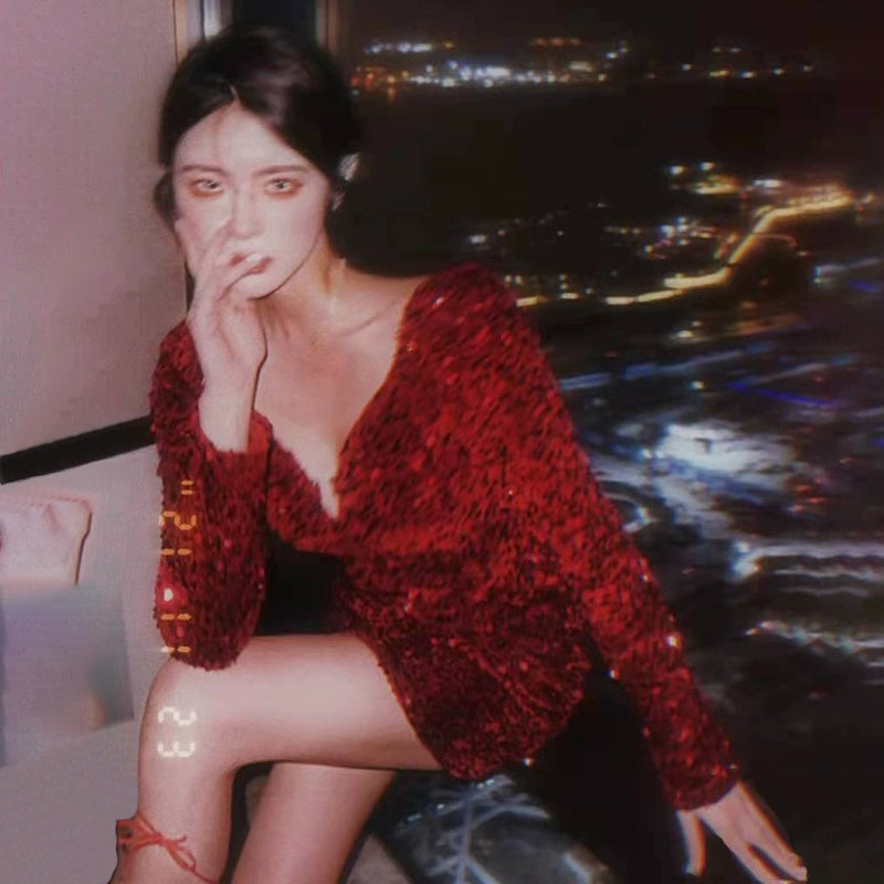 Birthday party dress luxury red sequin dress S5828