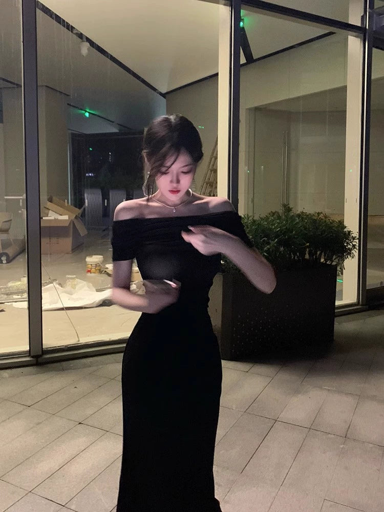 off-shoulder black dress for women S5817