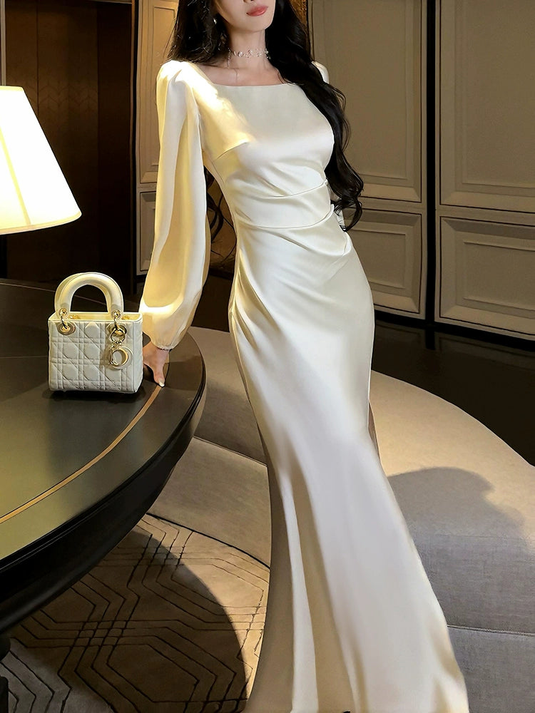 white satin long-sleeved dress luxury evening dress S6100