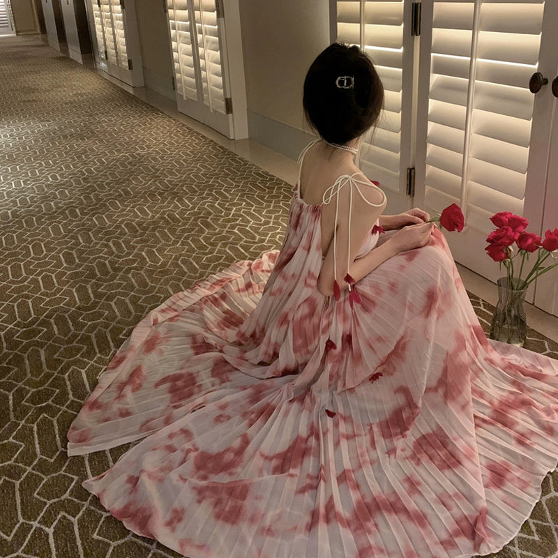 Pleated beautiful suspender dress new style gradient long dress S5797