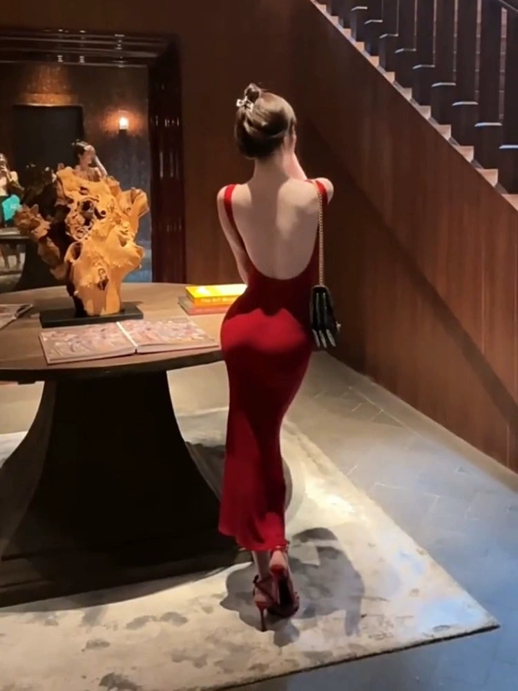 Sexy backless mermaid red suspender dress S5816
