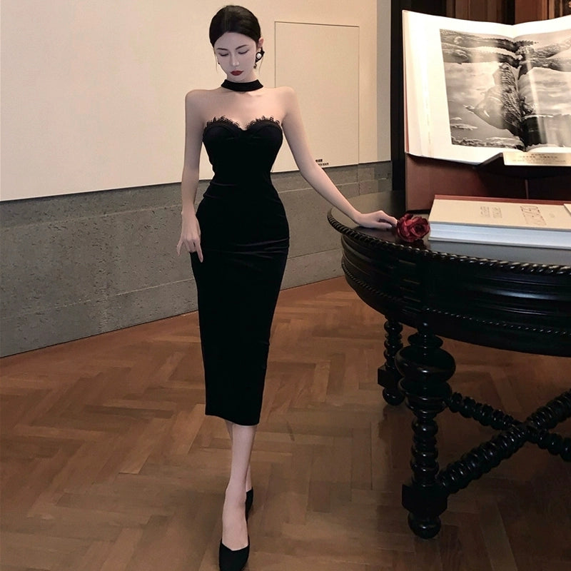 Birthday dress halter neck velvet dress S5845