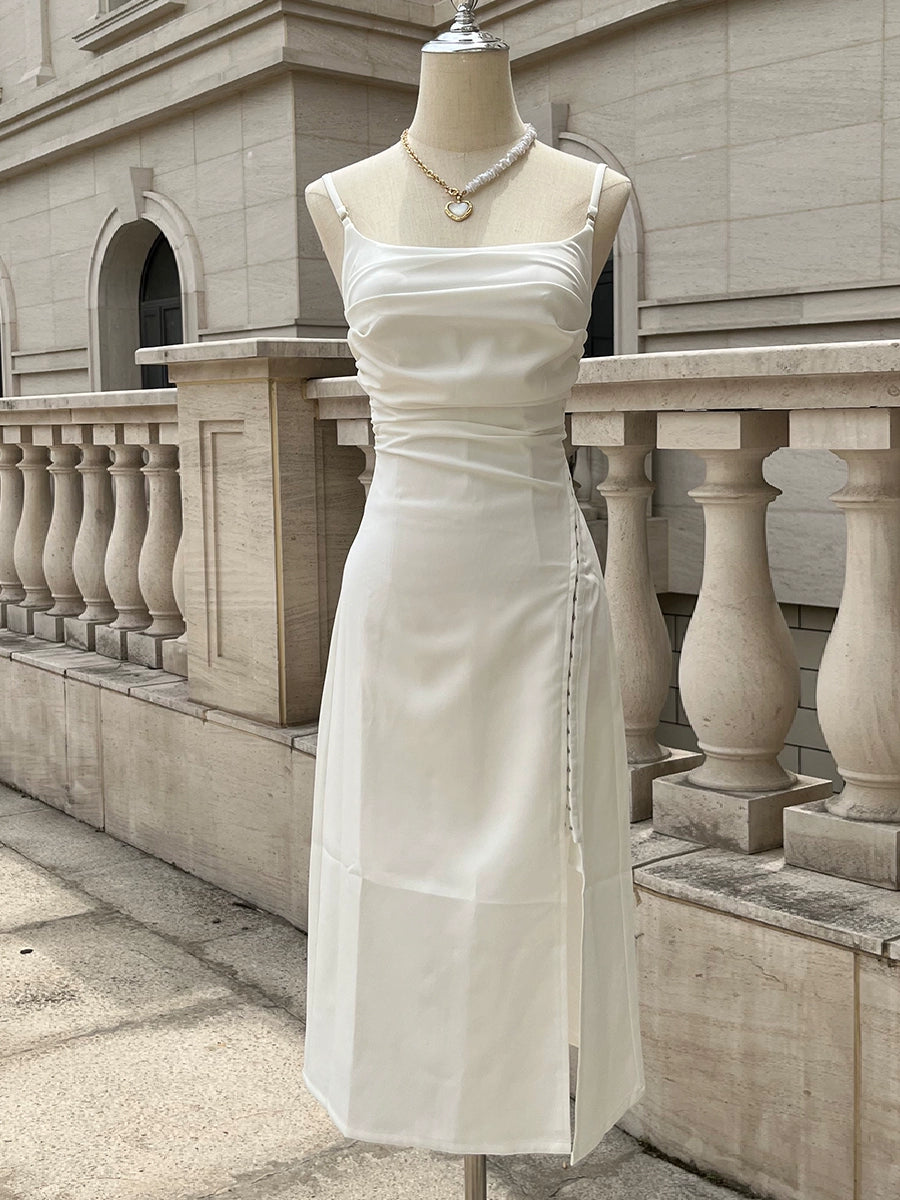 white dress sexy backless slit party dress S6009