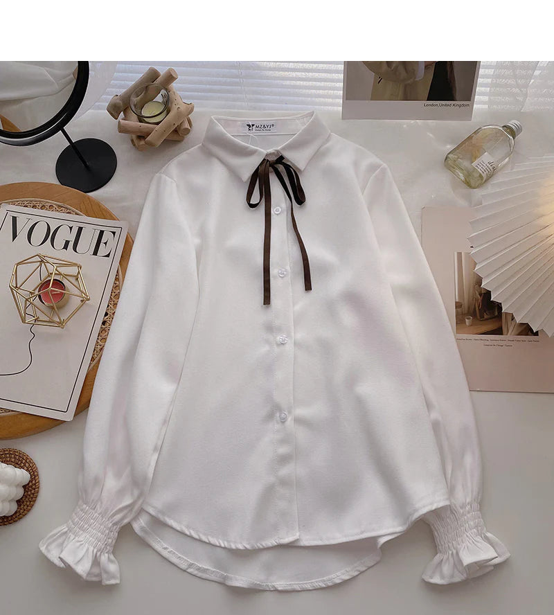 Collegiate lace up Lapel shirt casual long sleeve top S2535