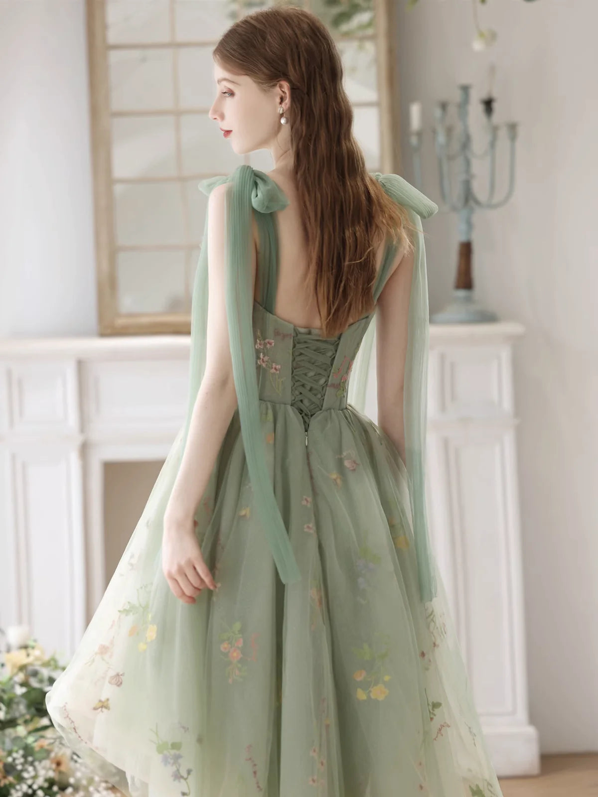 Light Green High Low Sweetheart Straps Formal Dress, Floral Tulle Homecoming Dress S2561