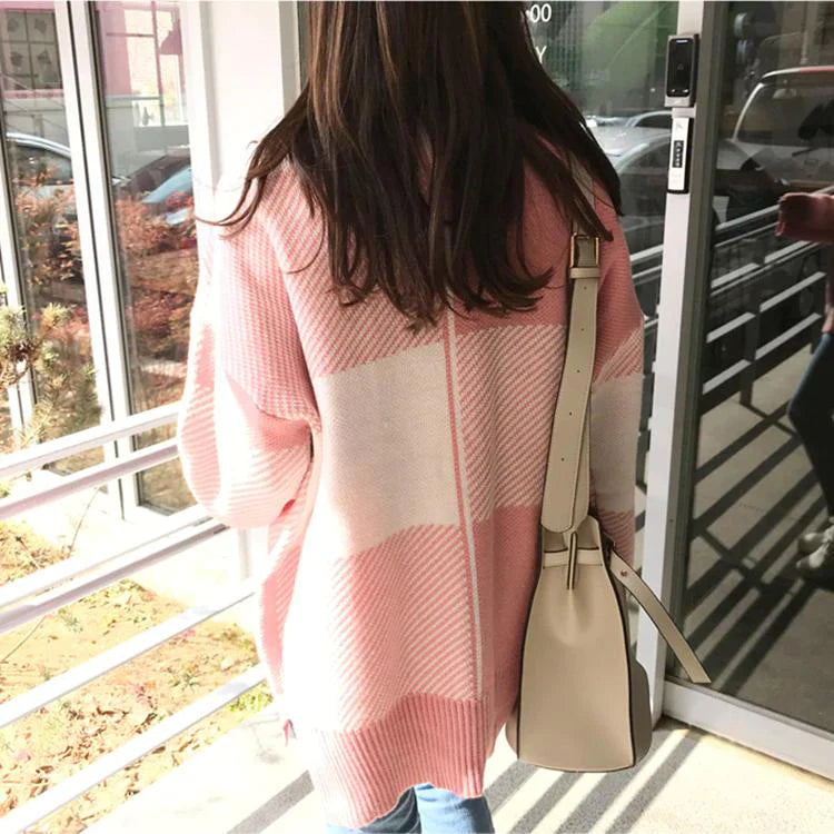 Pink Casual Plaid V-Neck Cardigan S2797